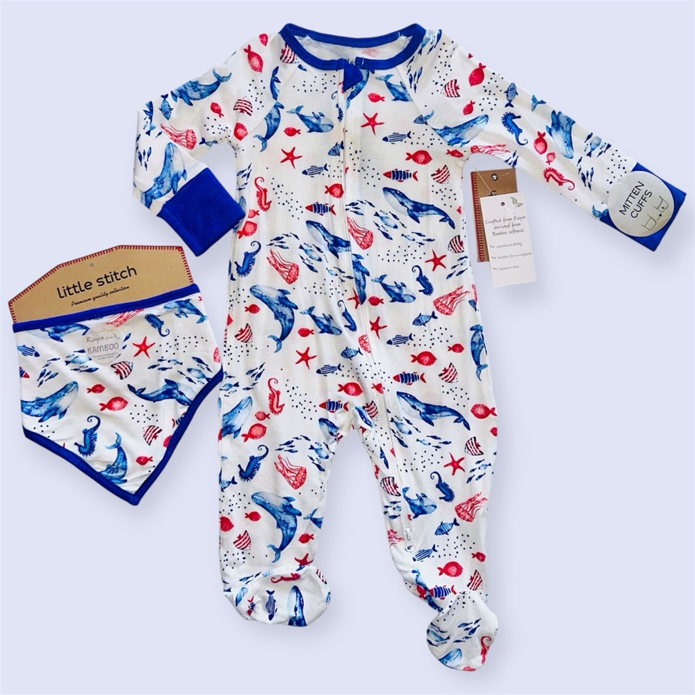 New Baby Bamboo Footie With Matching Bib